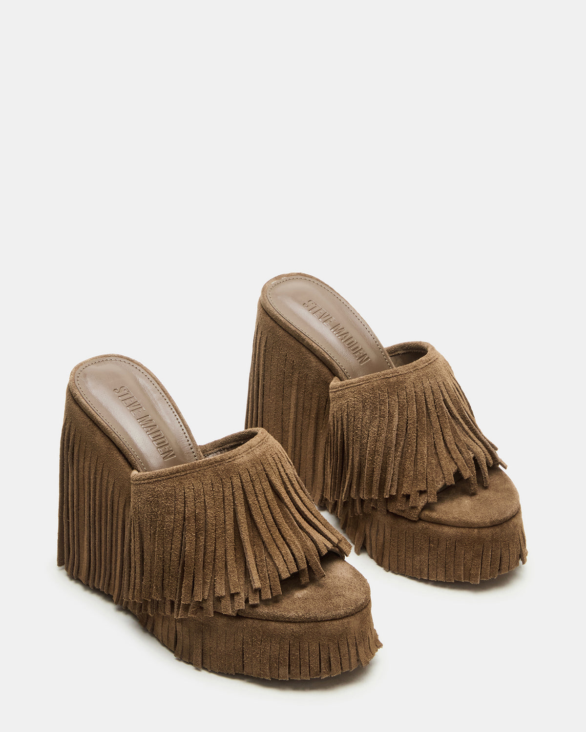 WYNN Chestnut Suede Platform Fringe Wedge Mule Women's Sandal | Steve Madden