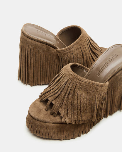 WYNN Chestnut Suede Platform Fringe Wedge Mule Women's Sandal | Steve Madden