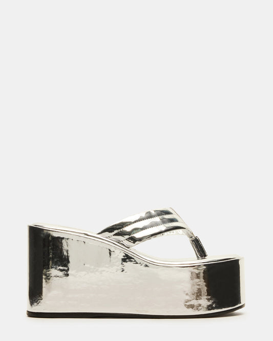 ESCAPISM Silver Crocodile Women's Platform Thong Wedge Sandal | Steve Madden