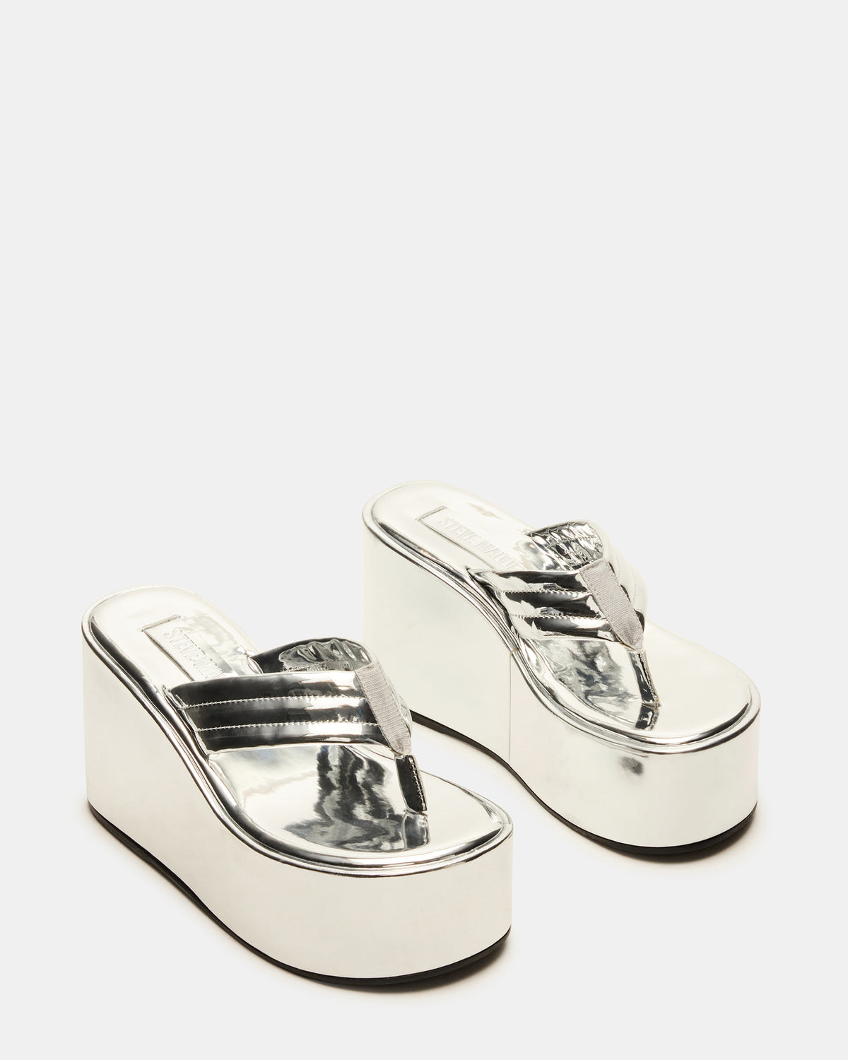 ESCAPISM Silver Crocodile Women's Platform Thong Wedge Sandal | Steve Madden