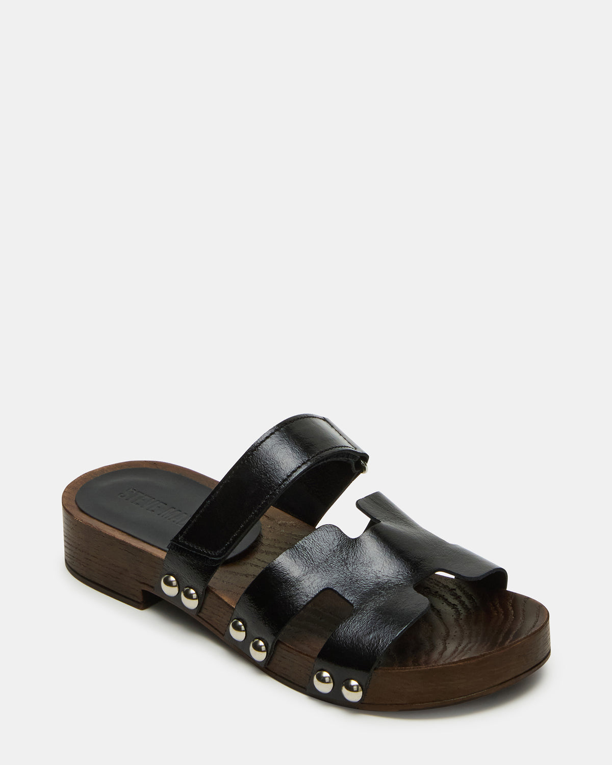 CANAL Black Patent Wood Bottom Slide Women's Sandal | Steve Madden