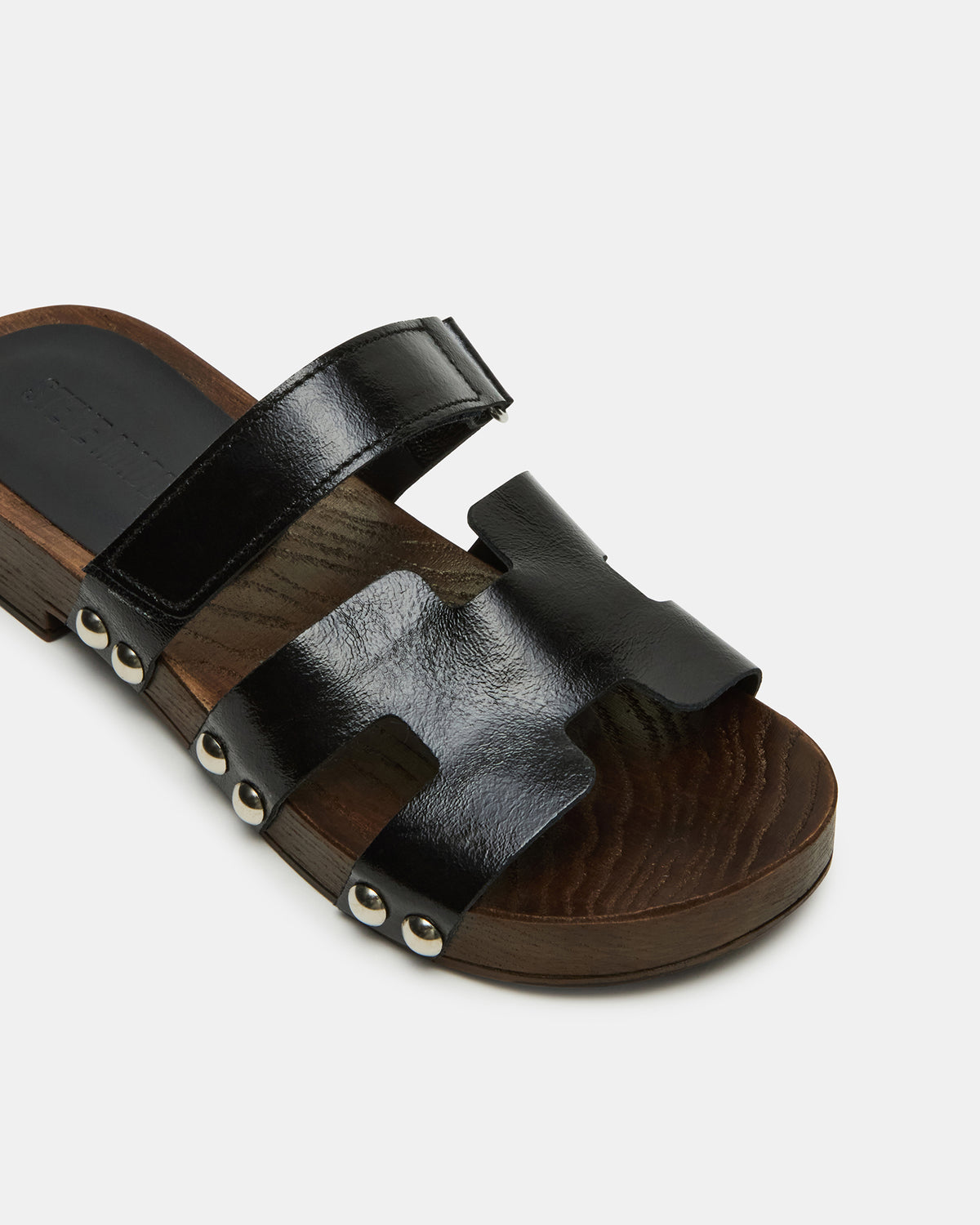 CANAL Black Patent Wood Bottom Slide Women's Sandal | Steve Madden
