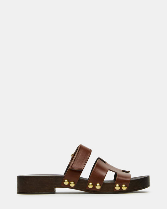 CANAL Brown Leather Wood Bottom Slide Women's Sandal | Steve Madden