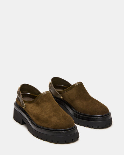 ERBA Olive Suede Platform Lug Slingback Clog Women's Flat | Steve Madden