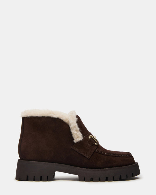 LEON Faux Fur Chocolae Brown Suede Platform Lug Sole Women's Loafer | Steve Madden