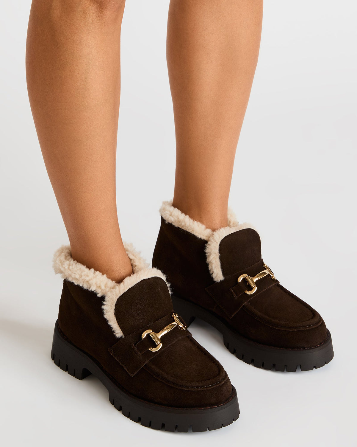 LEON Faux Fur Chocolae Brown Suede Platform Lug Sole Women's Loafer | Steve Madden