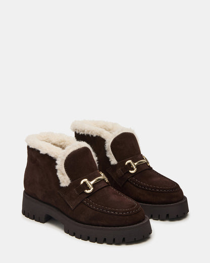 LEON Faux Fur Chocolae Brown Suede Platform Lug Sole Women's Loafer | Steve Madden