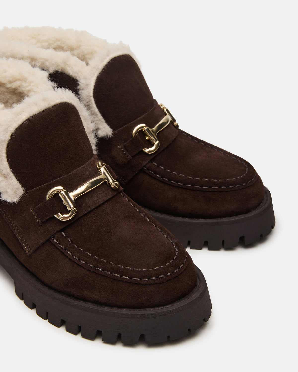 LEON Faux Fur Chocolae Brown Suede Platform Lug Sole Women's Loafer | Steve Madden