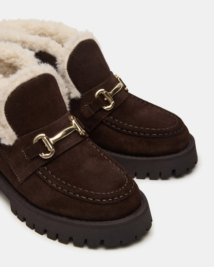 LEON Faux Fur Chocolae Brown Suede Platform Lug Sole Women's Loafer | Steve Madden
