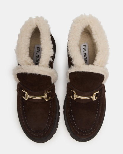 LEON Faux Fur Chocolae Brown Suede Platform Lug Sole Women's Loafer | Steve Madden