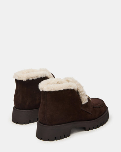 LEON Faux Fur Chocolae Brown Suede Platform Lug Sole Women's Loafer | Steve Madden