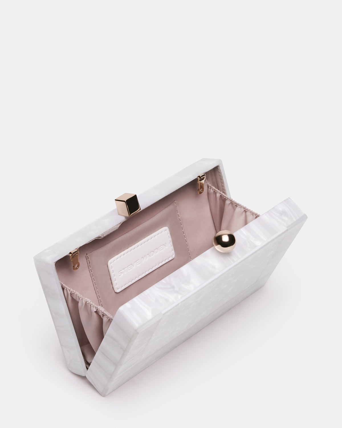 CAMILAA Bag White Geometric Pearlescent Minaudiere Crossbody Clutch Handbag | Steve Madden