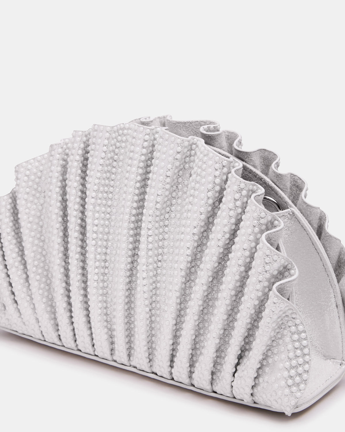 DELMAR Bag White Ruffled Pleated Semi-Circle Crossbody Clutch Handbag | Steve Madden