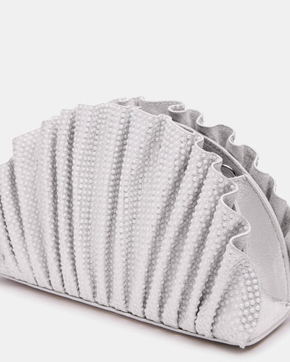 DELMAR Bag White Ruffled Pleated Semi-Circle Crossbody Clutch Handbag | Steve Madden