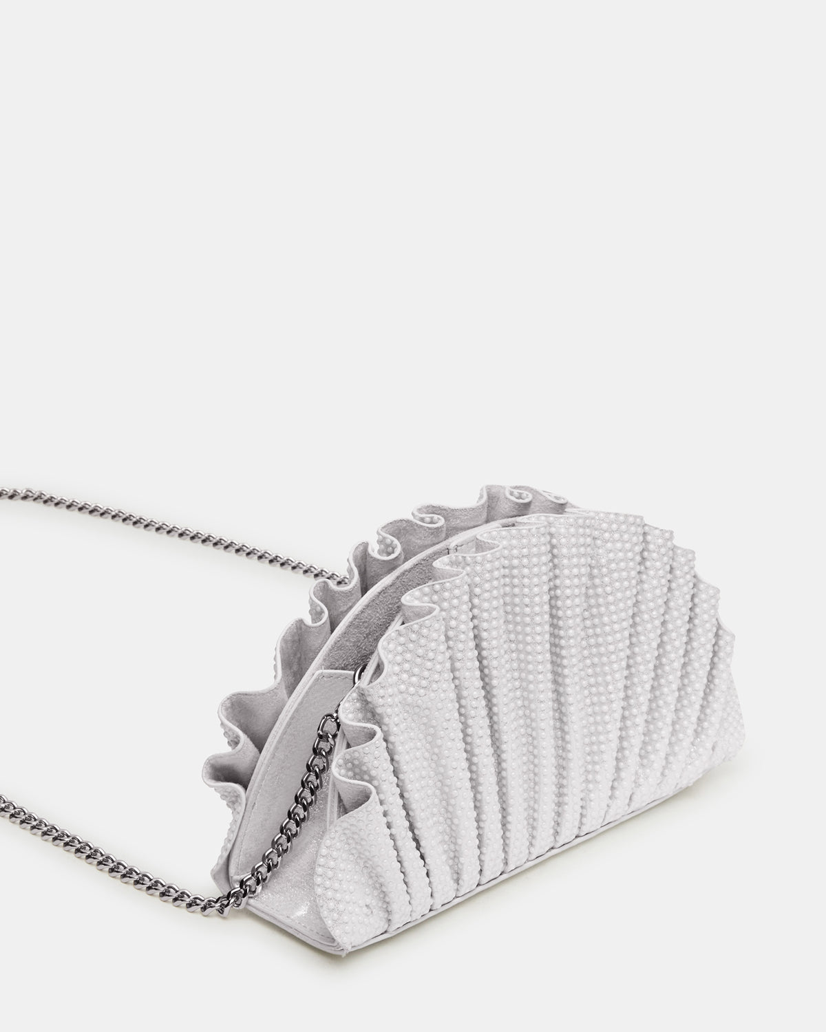 DELMAR Bag White Ruffled Pleated Semi-Circle Crossbody Clutch Handbag | Steve Madden