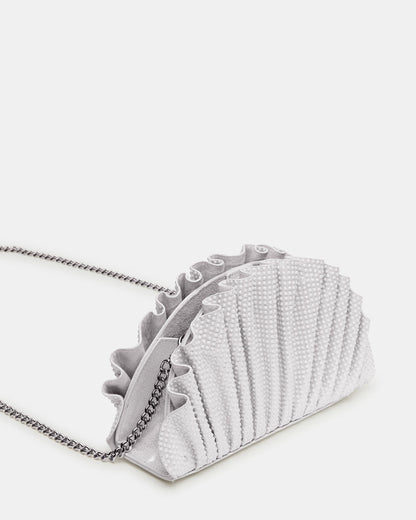 DELMAR Bag White Ruffled Pleated Semi-Circle Crossbody Clutch Handbag | Steve Madden