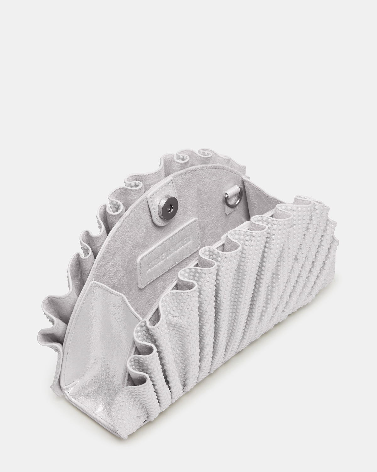 DELMAR Bag White Ruffled Pleated Semi-Circle Crossbody Clutch Handbag | Steve Madden