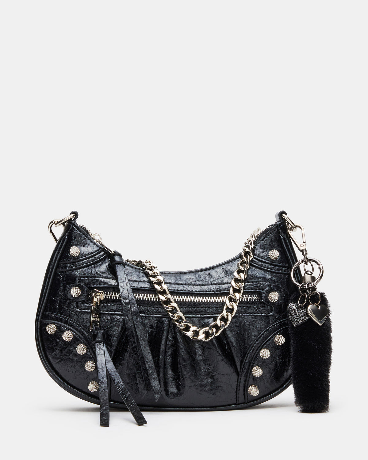 ERIKA Bag Black Rhinestone Embellished Studded Crinkle Moto Crossbody Handbag | Steve Madden