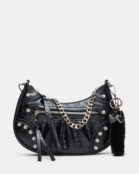 ERIKA Bag Black Rhinestone Embellished Studded Crinkle Moto Crossbody Handbag | Steve Madden