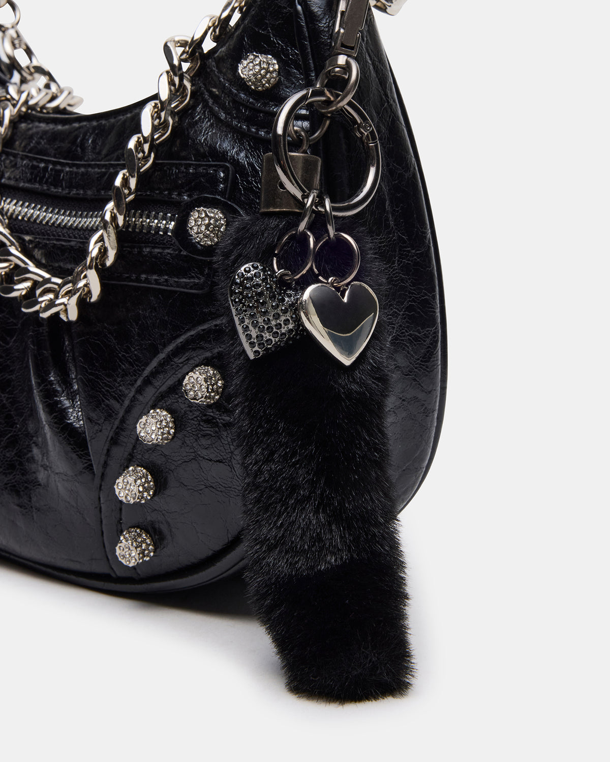 ERIKA Bag Black Rhinestone Embellished Studded Crinkle Moto Crossbody Handbag | Steve Madden