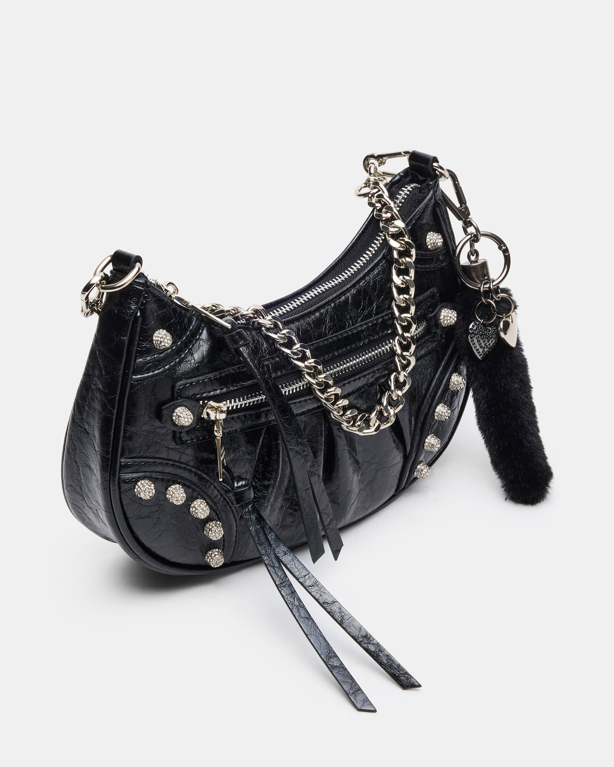 ERIKA Bag Black Rhinestone Embellished Studded Crinkle Moto Crossbody Handbag | Steve Madden