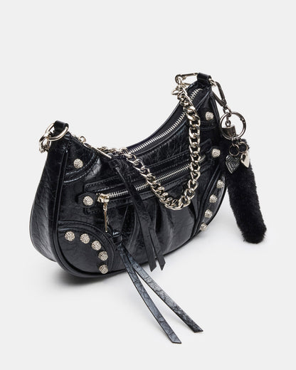 ERIKA Bag Black Rhinestone Embellished Studded Crinkle Moto Crossbody Handbag | Steve Madden