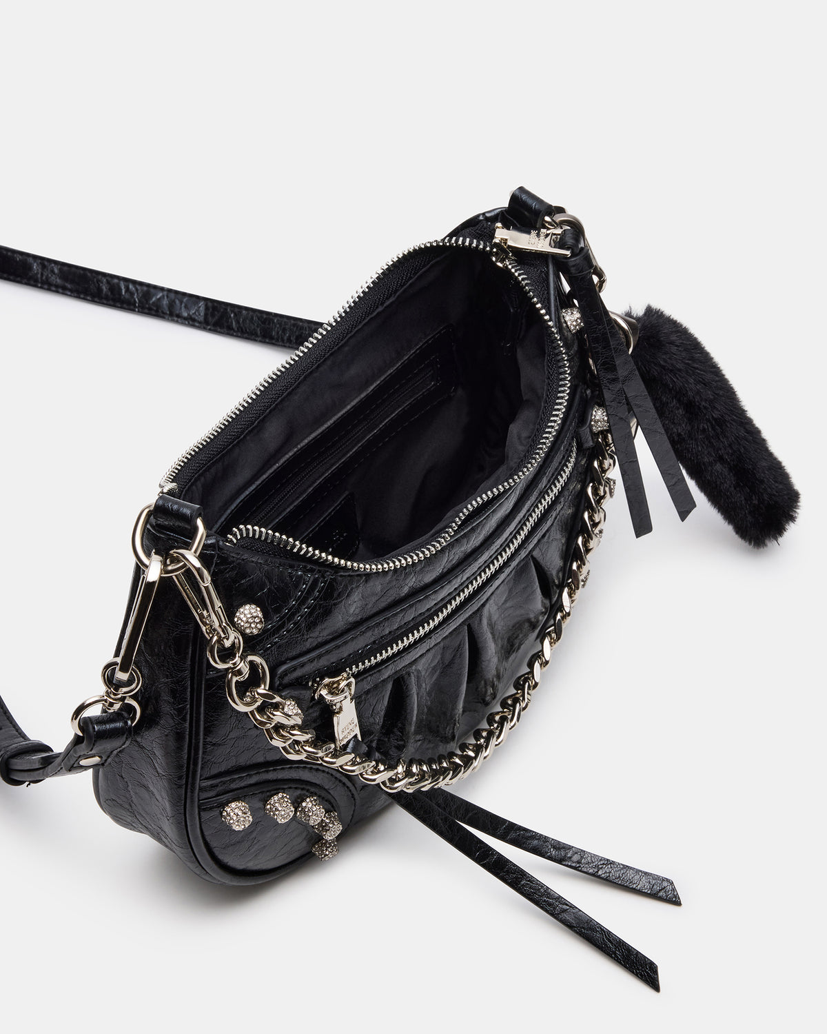 ERIKA Bag Black Rhinestone Embellished Studded Crinkle Moto Crossbody Handbag | Steve Madden
