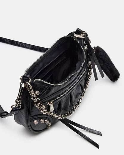 ERIKA Bag Black Rhinestone Embellished Studded Crinkle Moto Crossbody Handbag | Steve Madden