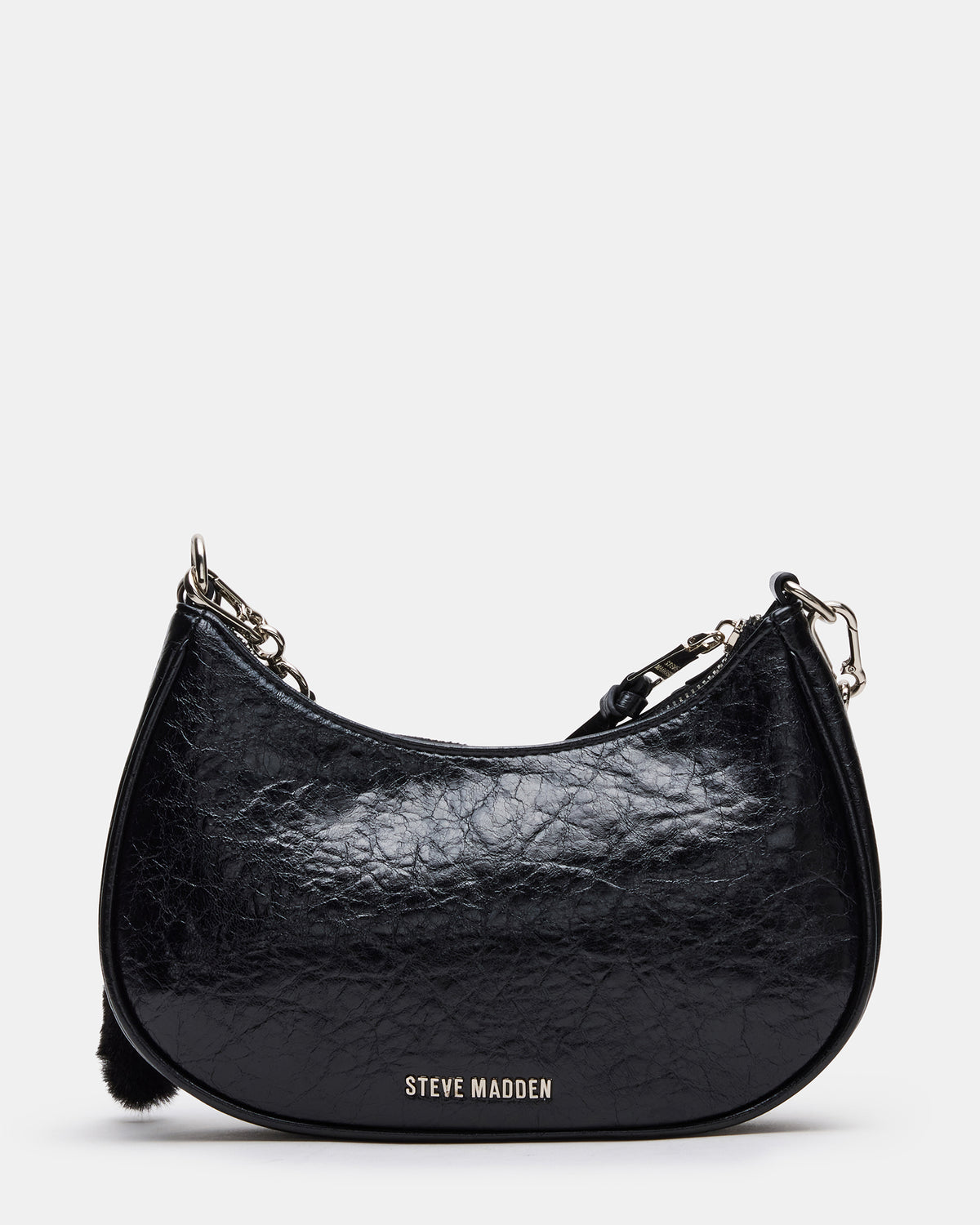 ERIKA Bag Black Rhinestone Embellished Studded Crinkle Moto Crossbody Handbag | Steve Madden