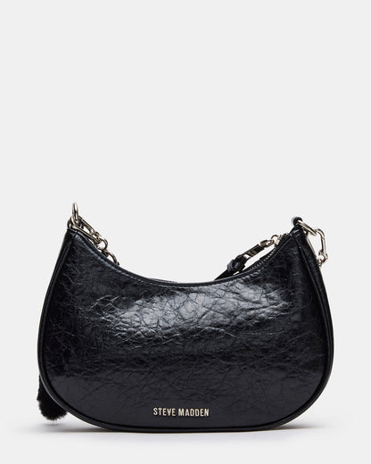 ERIKA Bag Black Rhinestone Embellished Studded Crinkle Moto Crossbody Handbag | Steve Madden