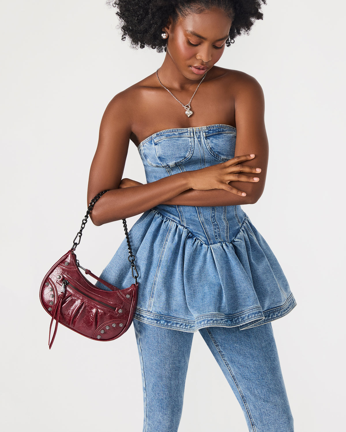 ERIKA Bag Black Rhinestone Embellished Studded Crinkle Moto Crossbody Handbag | Steve Madden