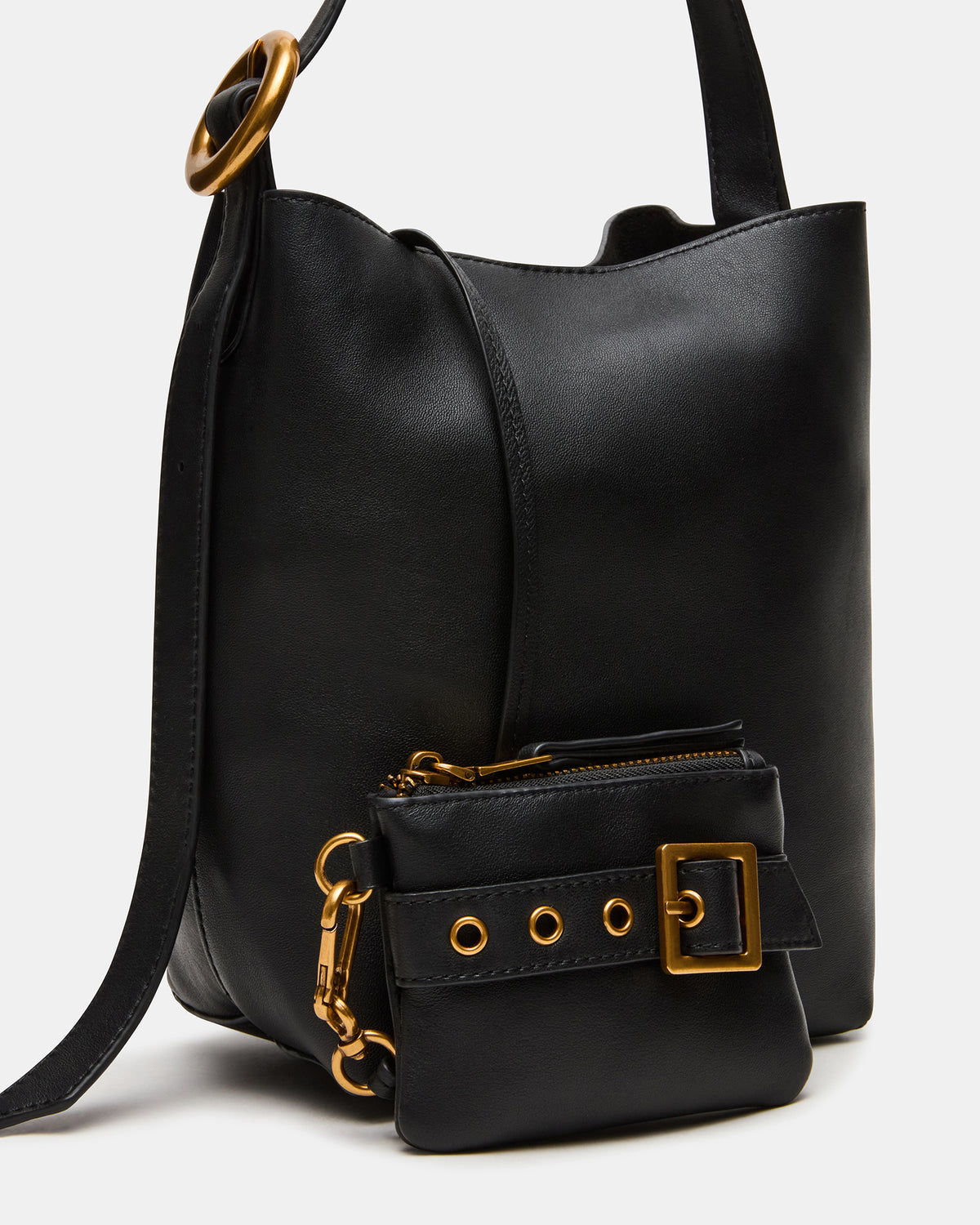SOFIEE Bag Black Leather Shoulder Strap Bucket Tote Handbag | Steve Madden