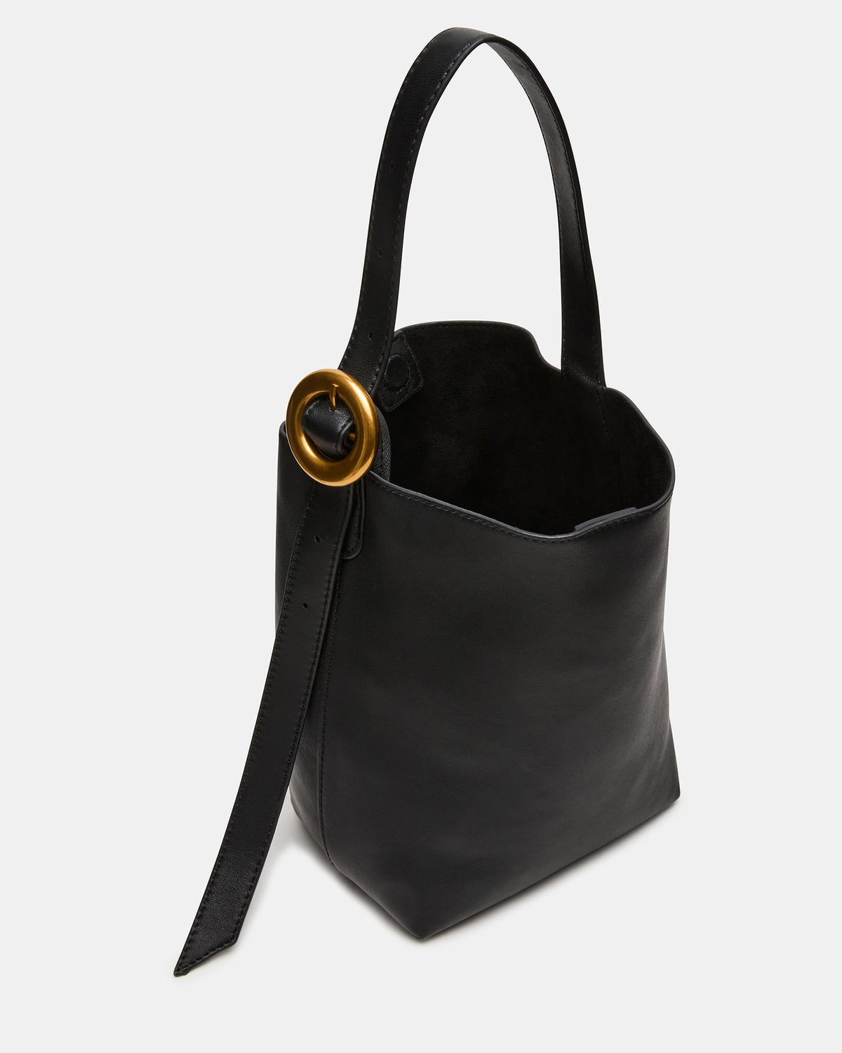 SOFIEE Bag Black Leather Shoulder Strap Bucket Tote Handbag | Steve Madden