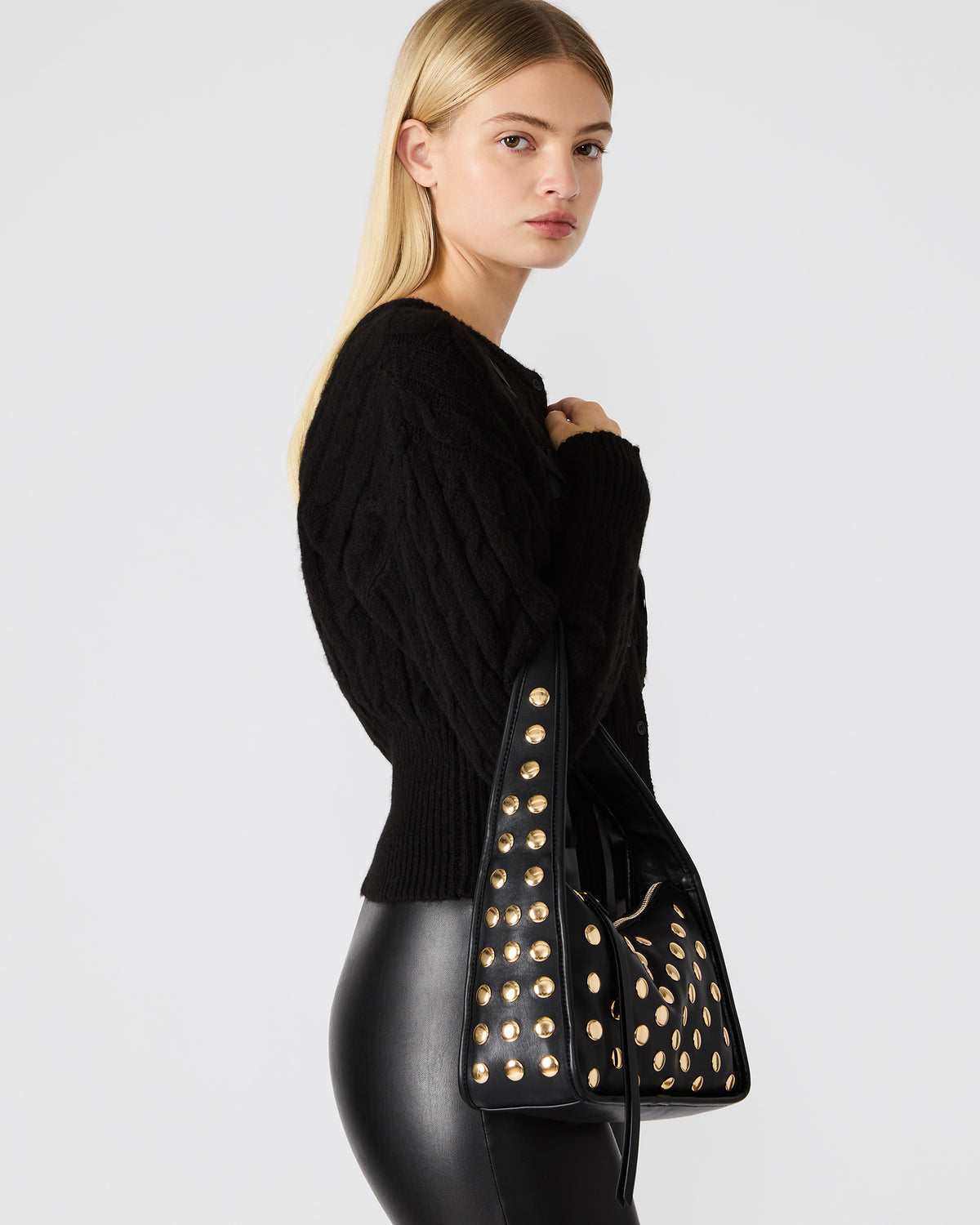 CHEYANN Bag Black Hobo Dome-Studded Shoulder Strap Women's Handbag | Steve Madden
