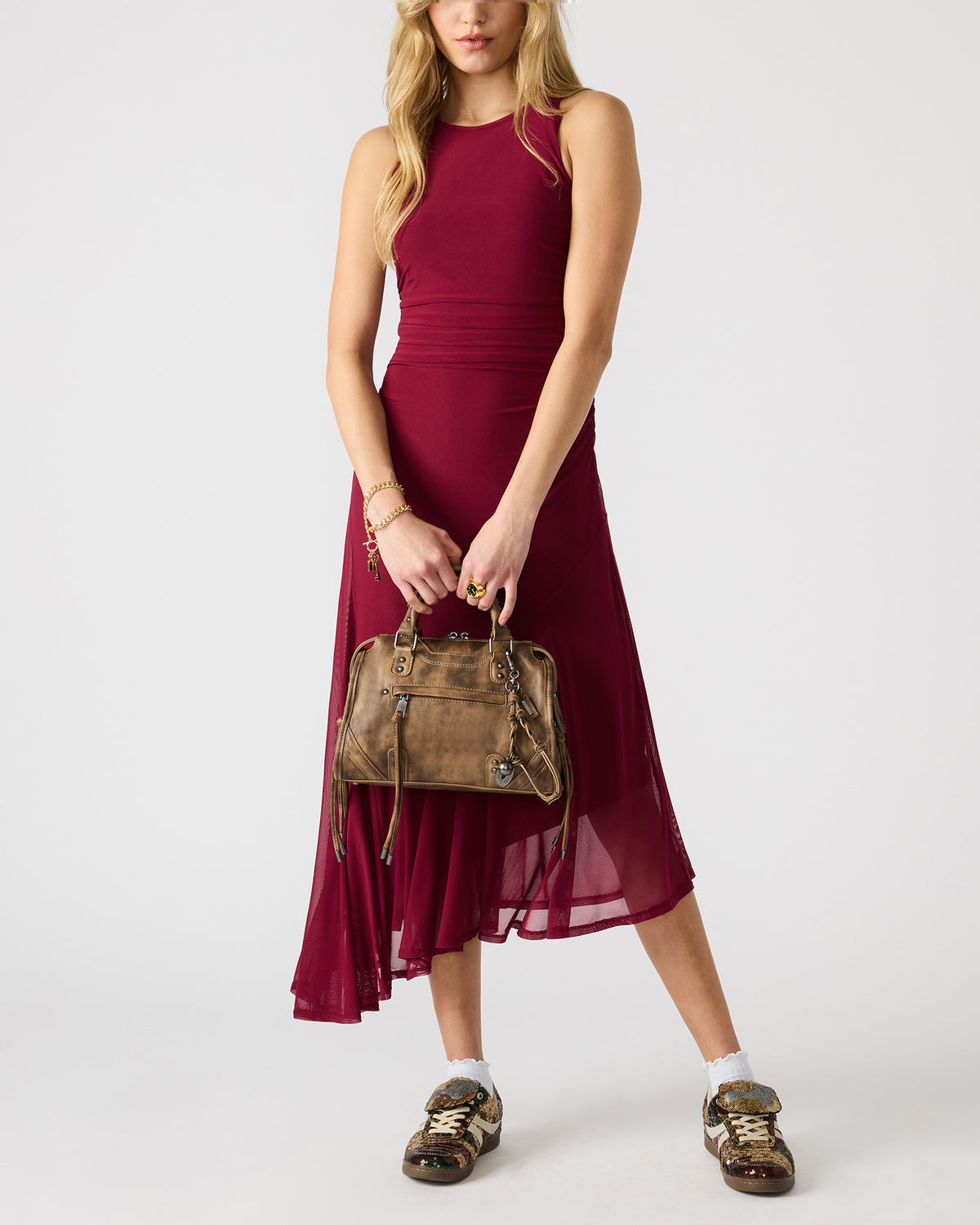 RIGGS Brown Distressed Slouchy Top-Handle Crossbody Satchel Handbag | Steve Madden