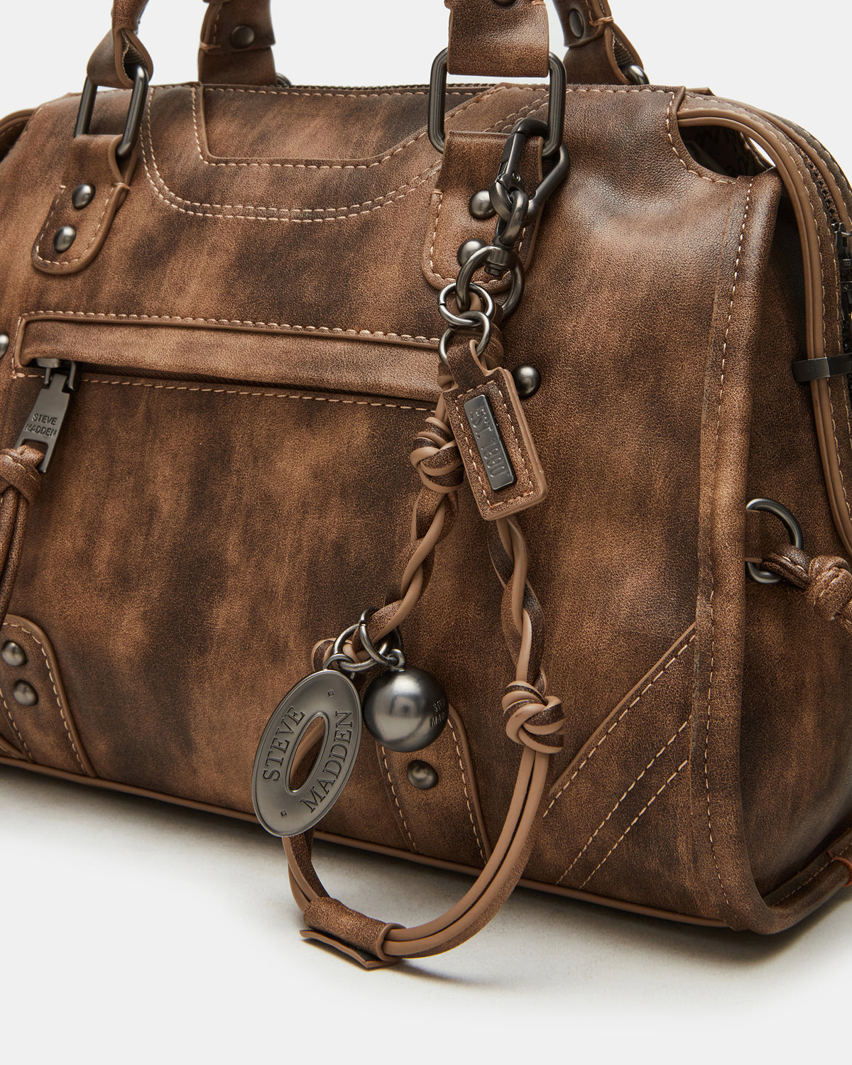 RIGGS Brown Distressed Slouchy Top-Handle Crossbody Satchel Handbag | Steve Madden
