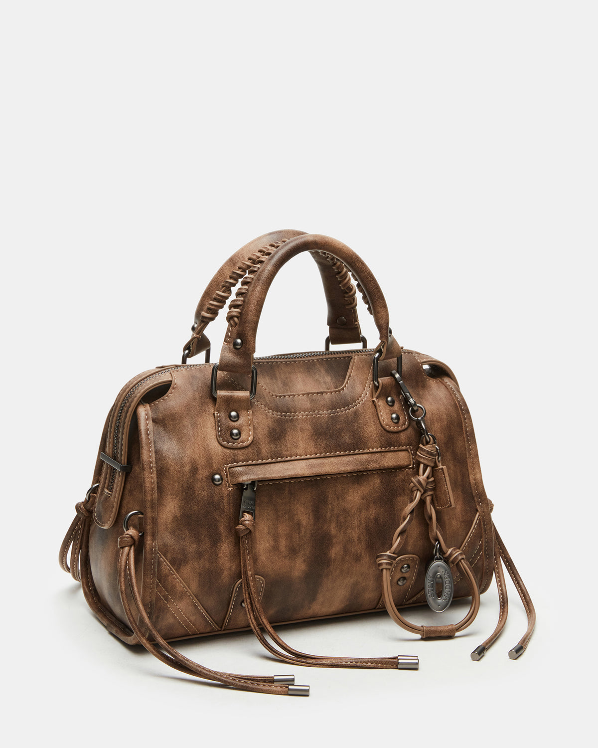 RIGGS Brown Distressed Slouchy Top-Handle Crossbody Satchel Handbag | Steve Madden