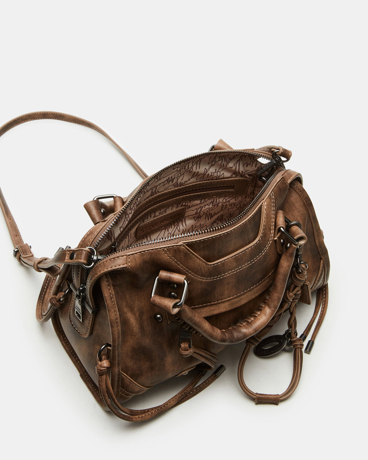 RIGGS Brown Distressed Slouchy Top-Handle Crossbody Satchel Handbag | Steve Madden
