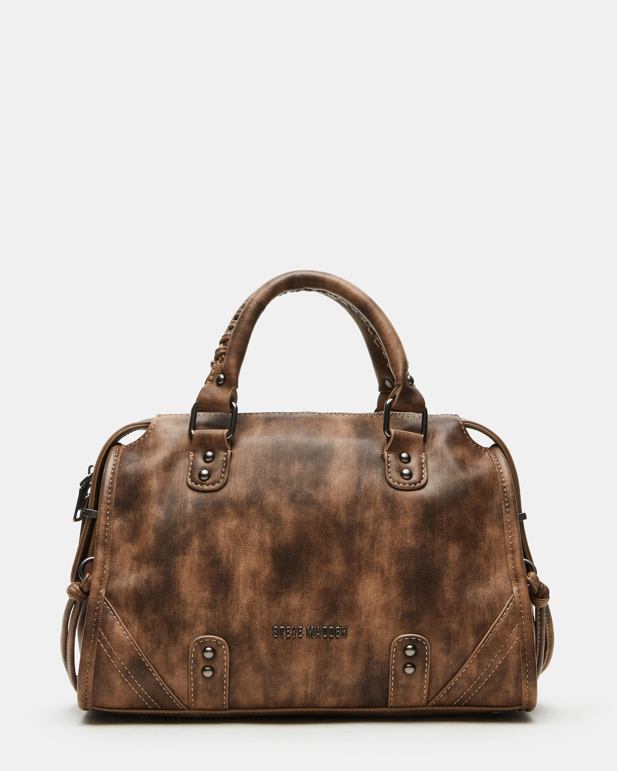 RIGGS Brown Distressed Slouchy Top-Handle Crossbody Satchel Handbag | Steve Madden