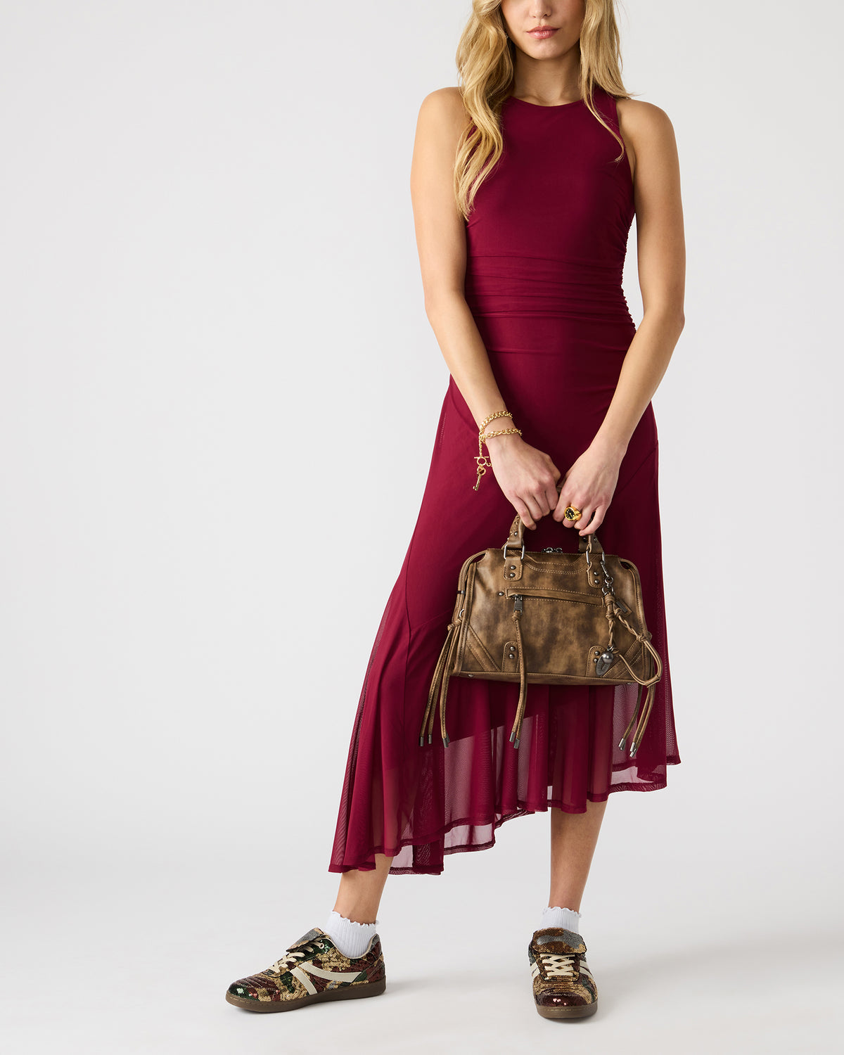 RIGGS Brown Distressed Slouchy Top-Handle Crossbody Satchel Handbag | Steve Madden