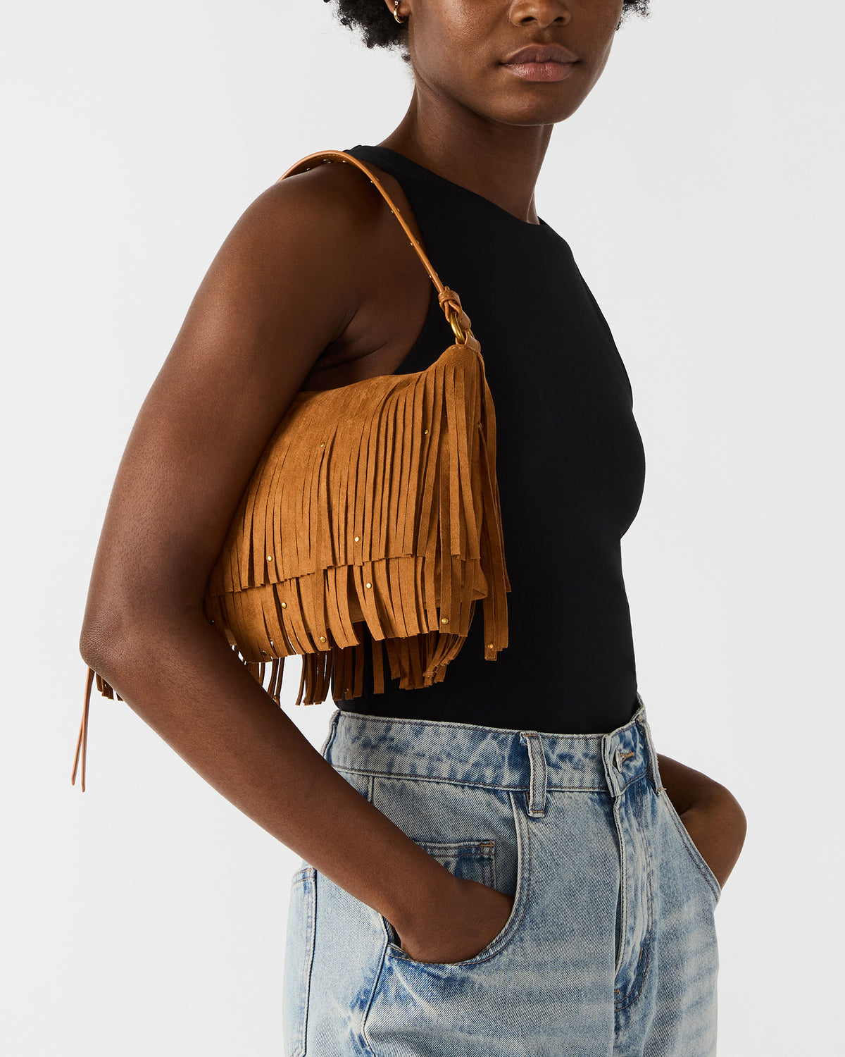 BOHEME Bag Tobacco Shoulder Strap Studded Fringe Handbag | Steve Madden
