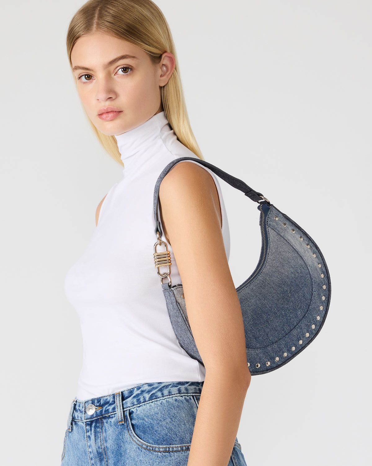 LIAMM Bag Denim Shoulder Strap Dome-Studded Women's Handbag | Steve Madden