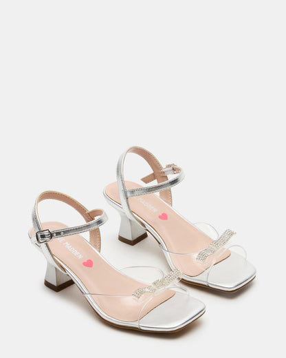 Kids' MERRY Silver Girls' Square-Toe Rhinestone Heel | Steve Madden
