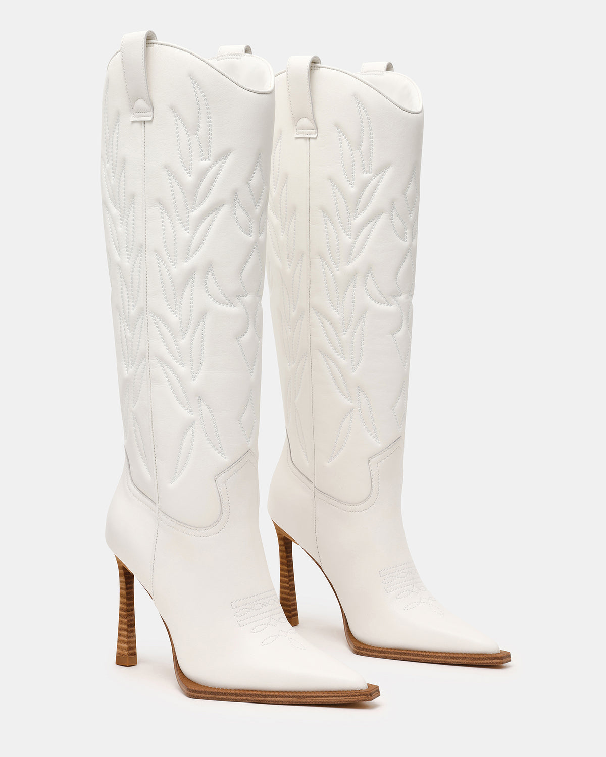 KINZEE White Leather Pointed-Toe Knee-High Western Stiletto Women's Boot | Steve Madden