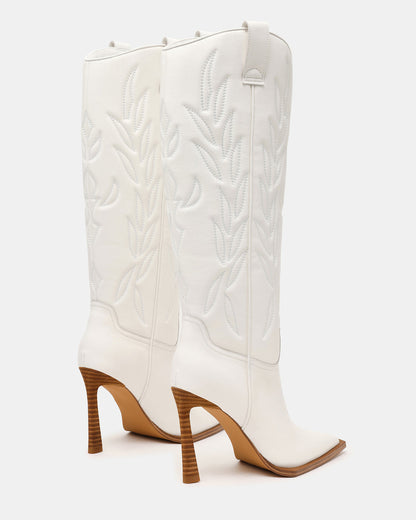 KINZEE White Leather Pointed-Toe Knee-High Western Stiletto Women's Boot | Steve Madden