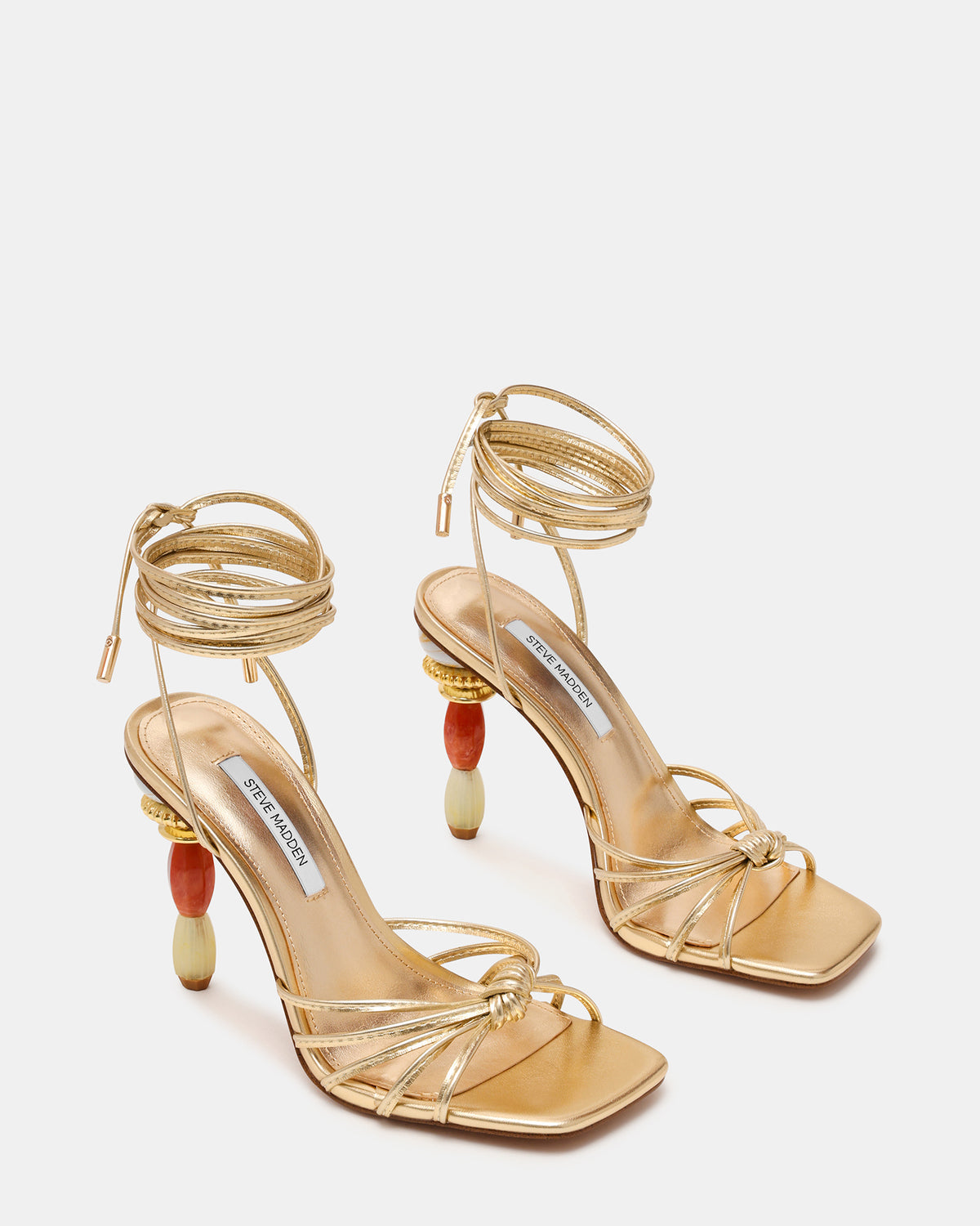 SOLENA Gold Strappy Leg-Tie Square-Toe Women's Sculptured Heel | Steve Madden