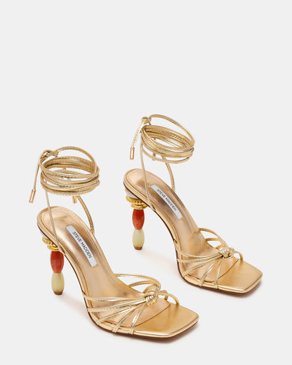 SOLENA Gold Strappy Leg-Tie Square-Toe Women's Sculptured Heel | Steve Madden