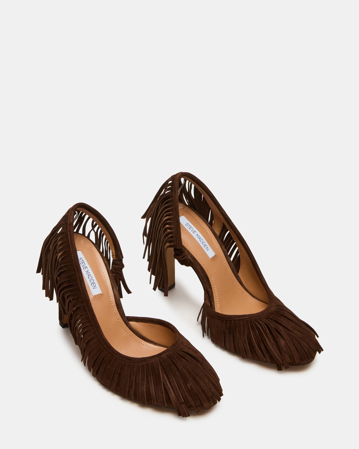GREER Brown Suede Fringe Slingback Round-Toe Women's Heel | Steve Madden