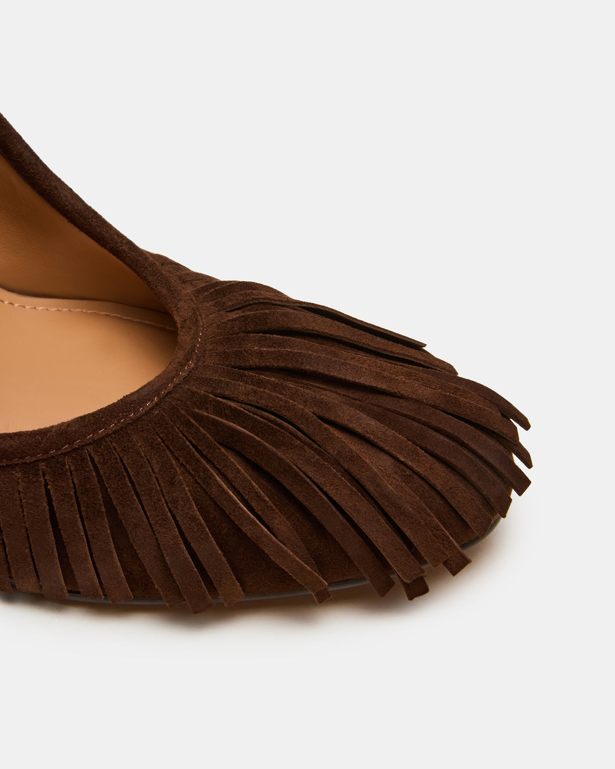 GREER Brown Suede Fringe Slingback Round-Toe Women's Heel | Steve Madden