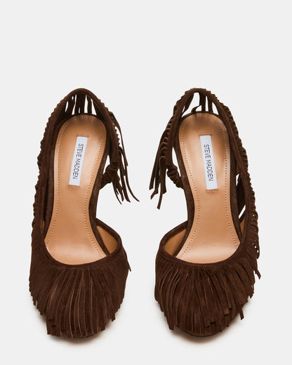 GREER Brown Suede Fringe Slingback Round-Toe Women's Heel | Steve Madden